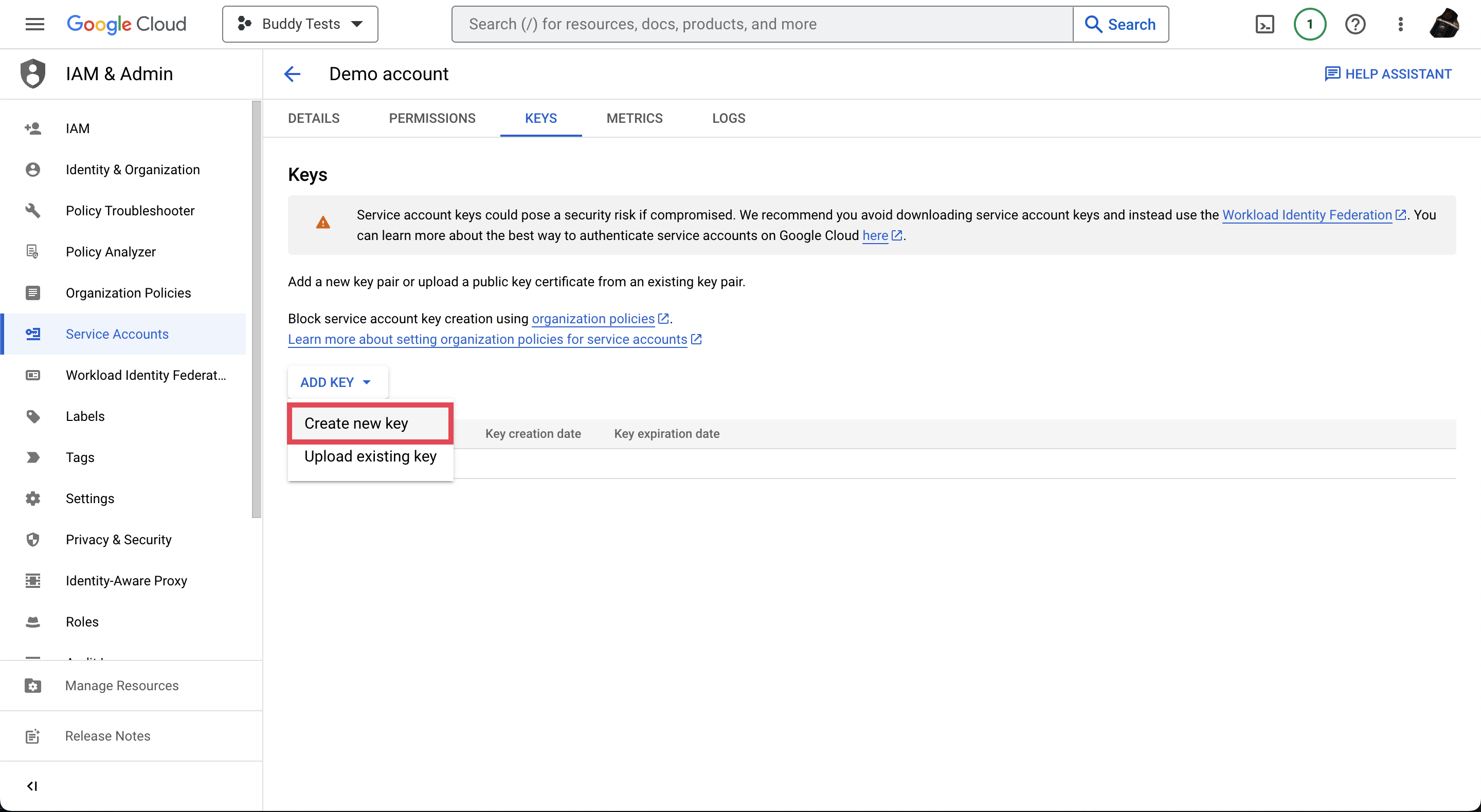 Keys tab in Google Cloud