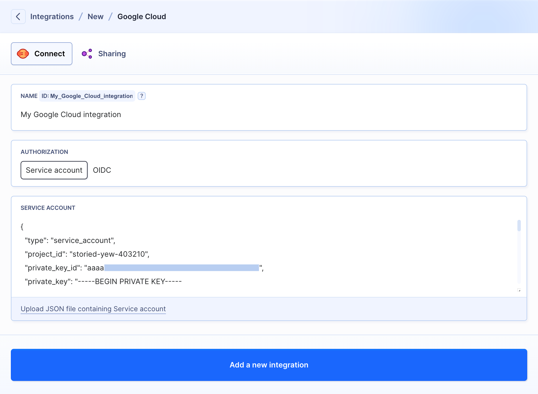 Google Cloud integration configuration in Buddy