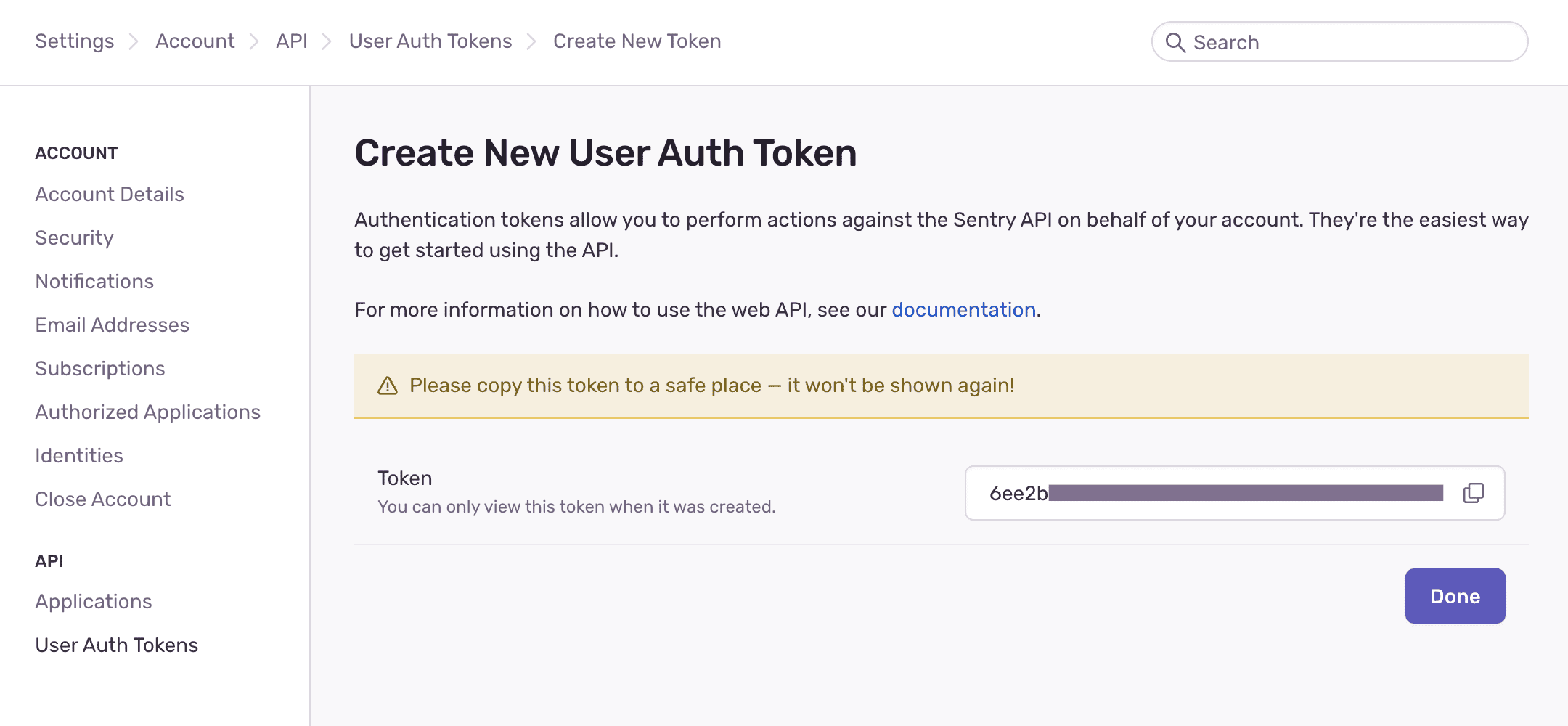 User auth token in Sentry