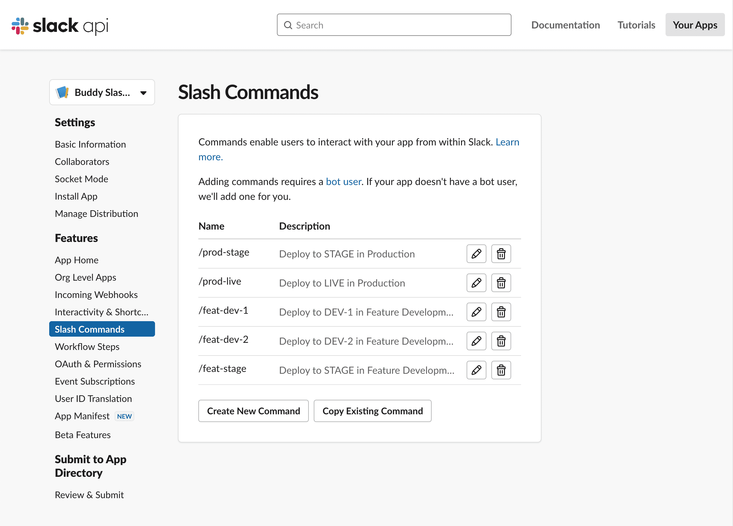 Commands in slash commands app
