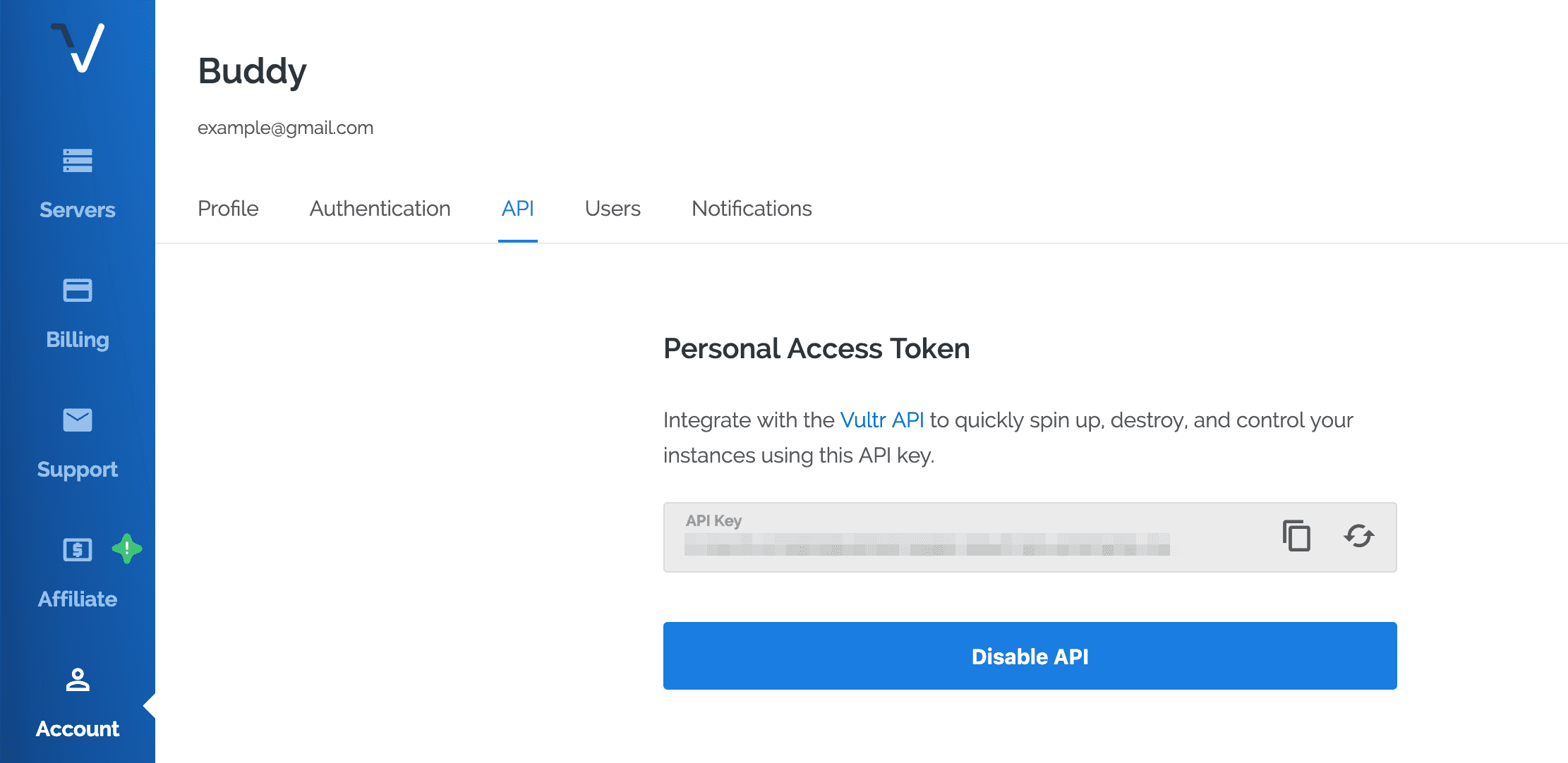 Getting Vultr personal action token
