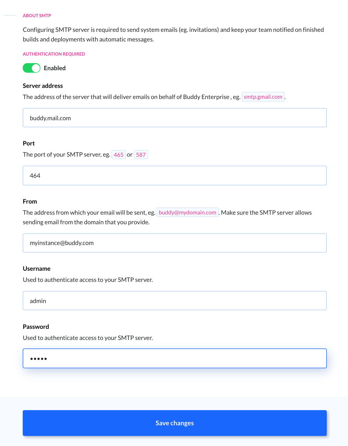 SMTP server configuration