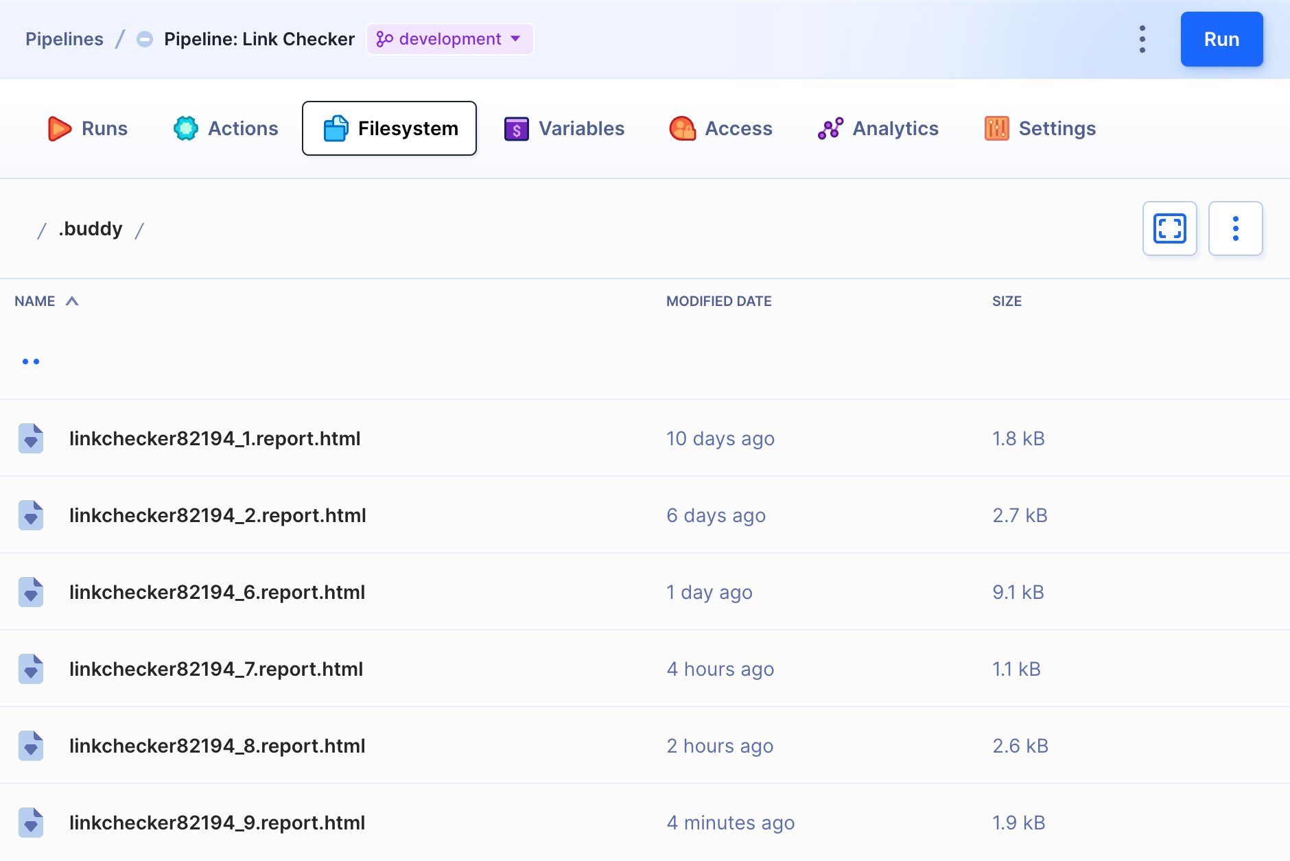 Saved reports in pipeline filesystem