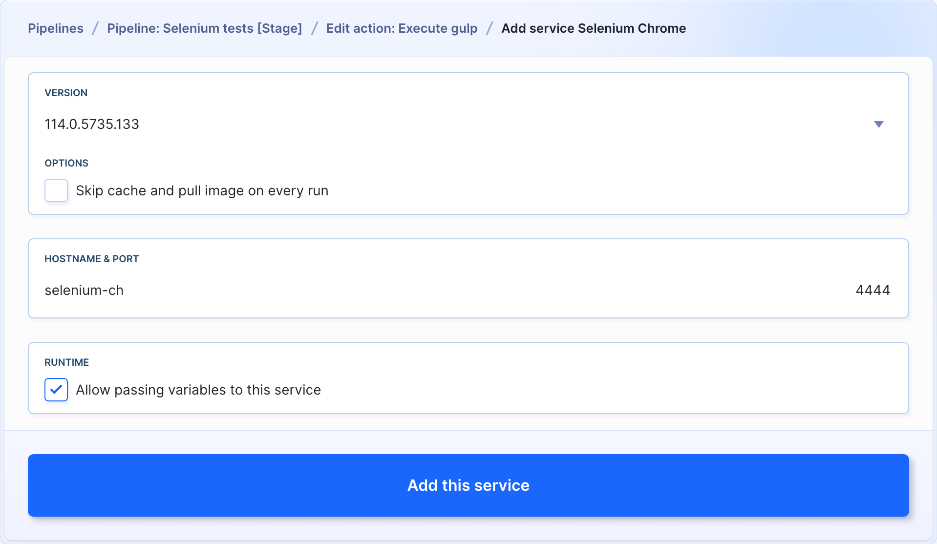 Selenium service configuration