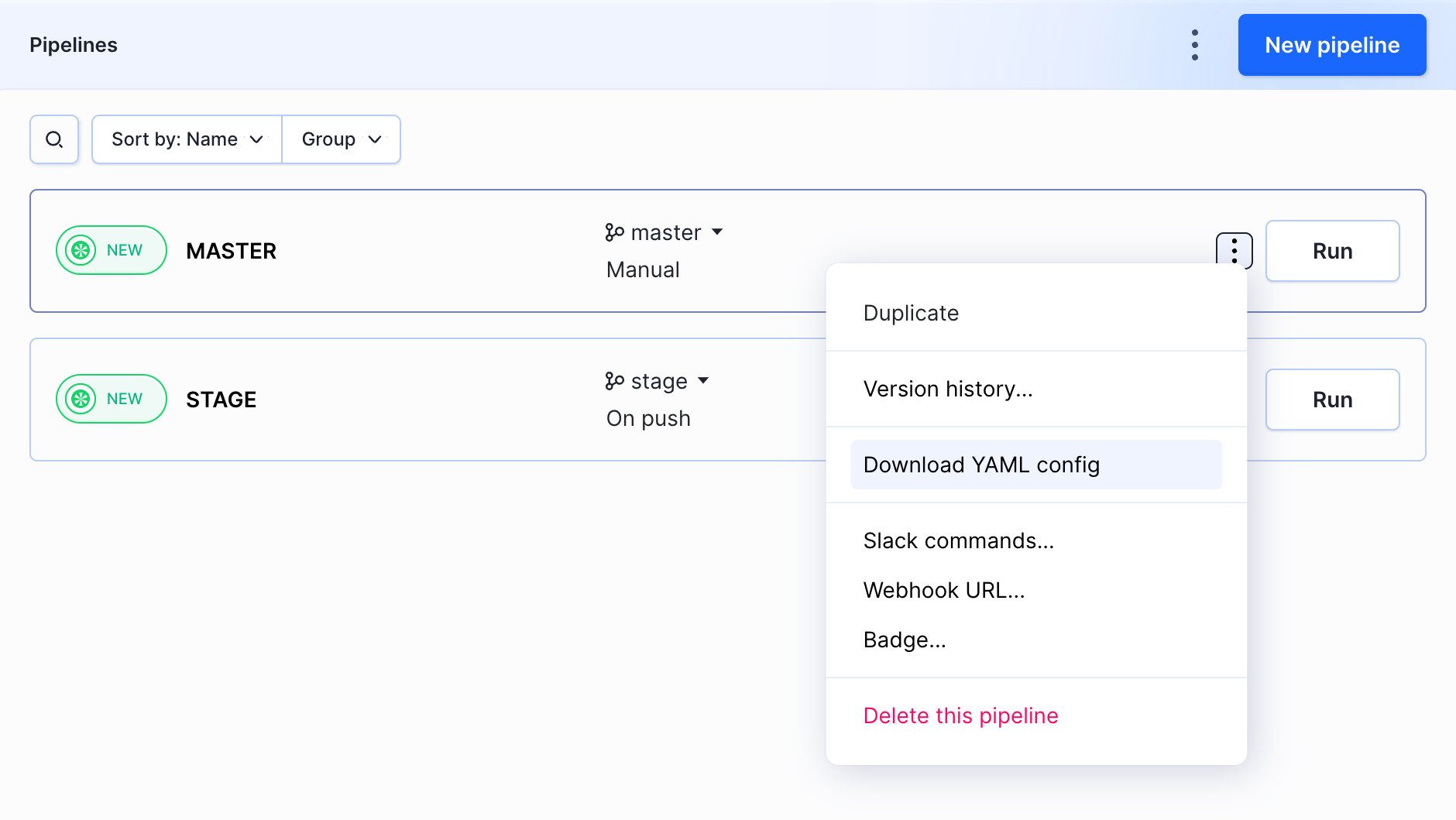 Exporting configuration of a single pipeline