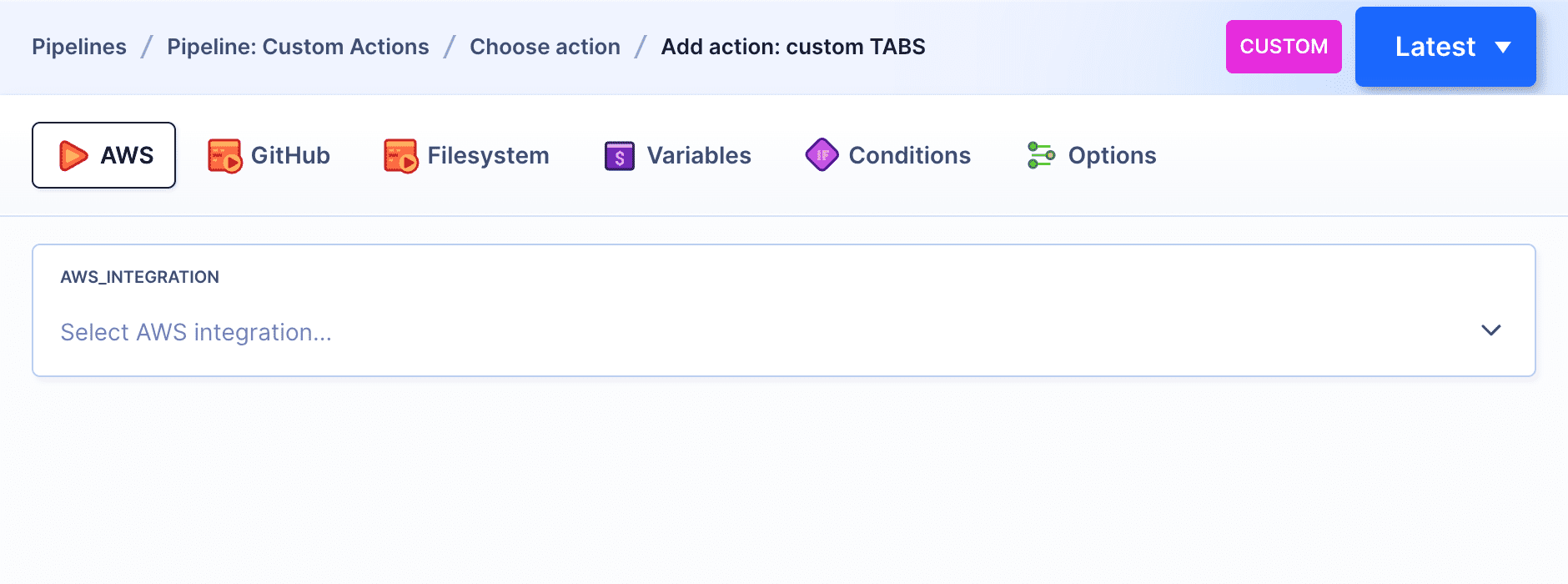 Custom action with tabs defined