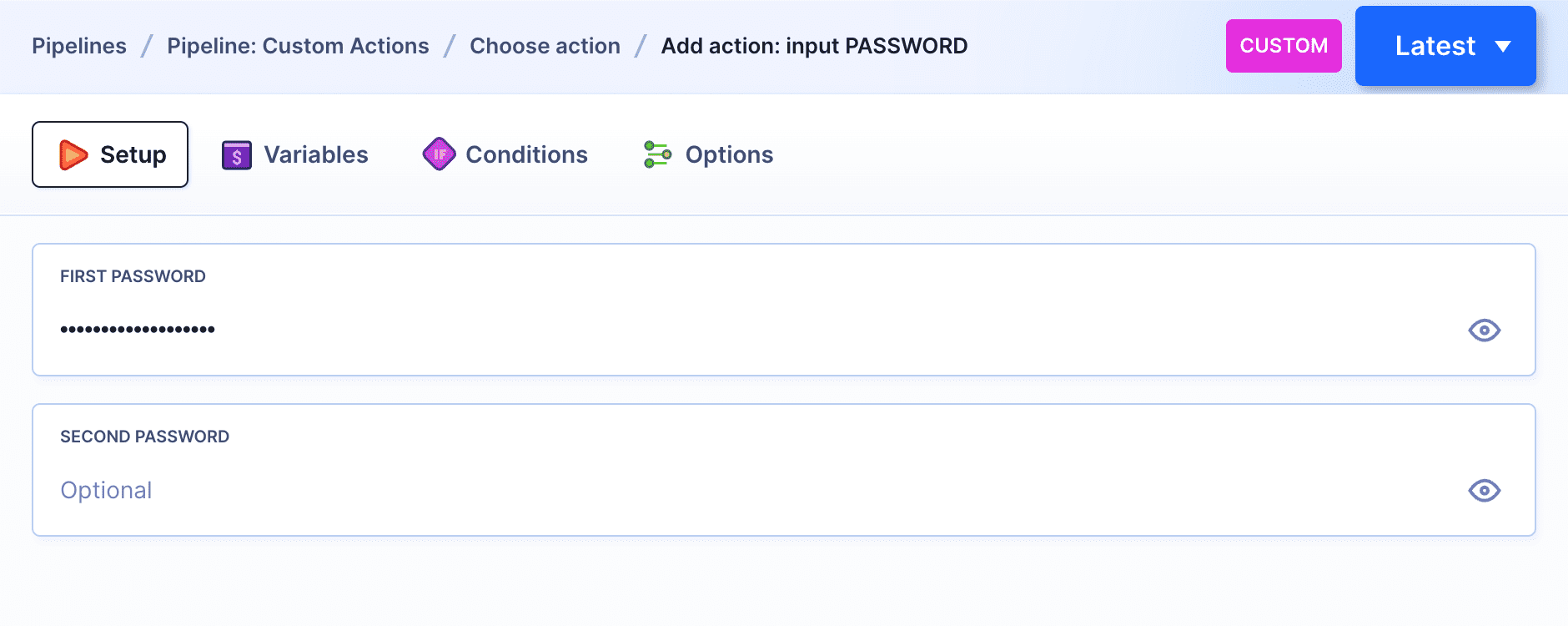 Custom action with PASSWORD inputs