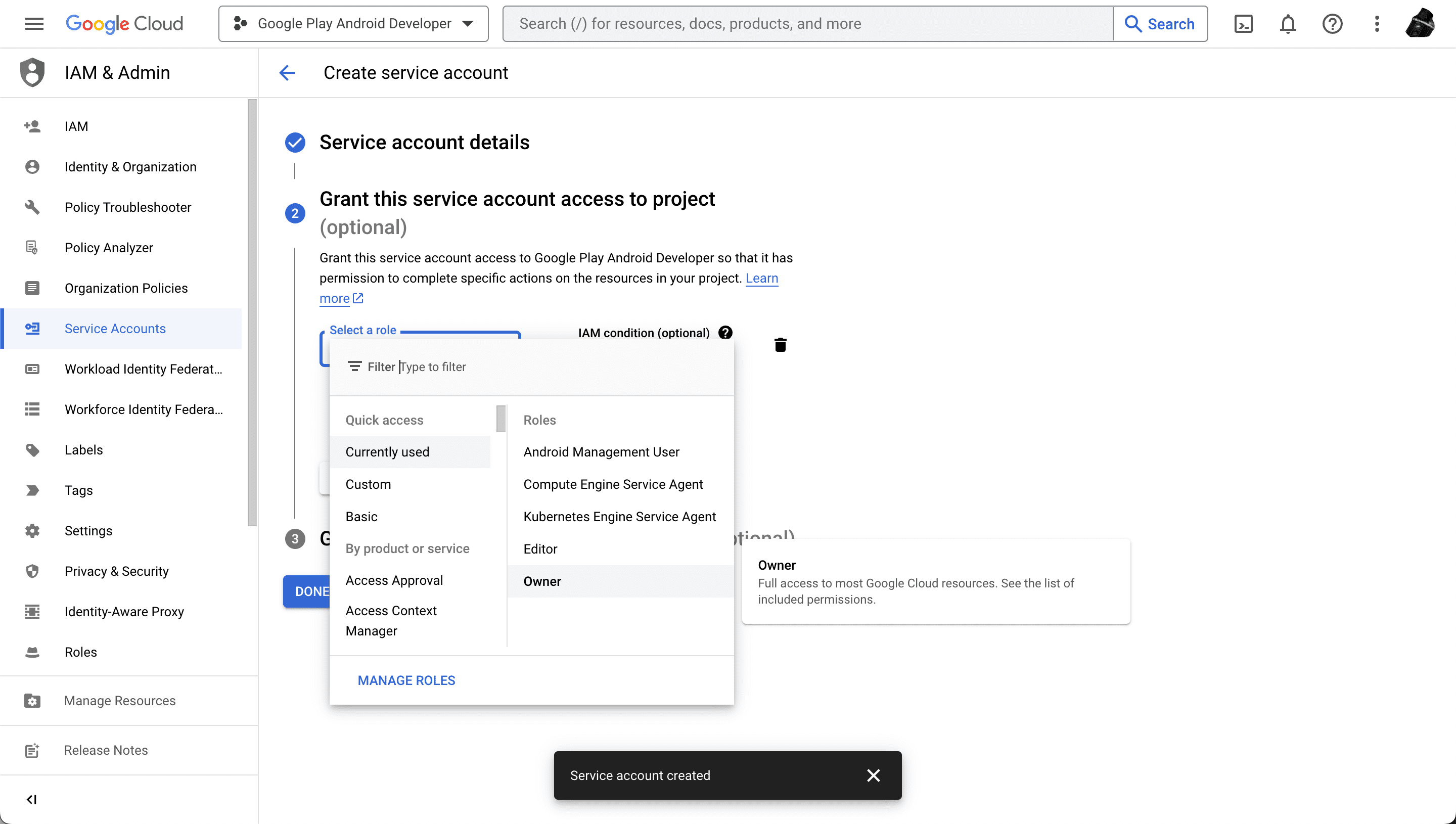 Creating service account in Google