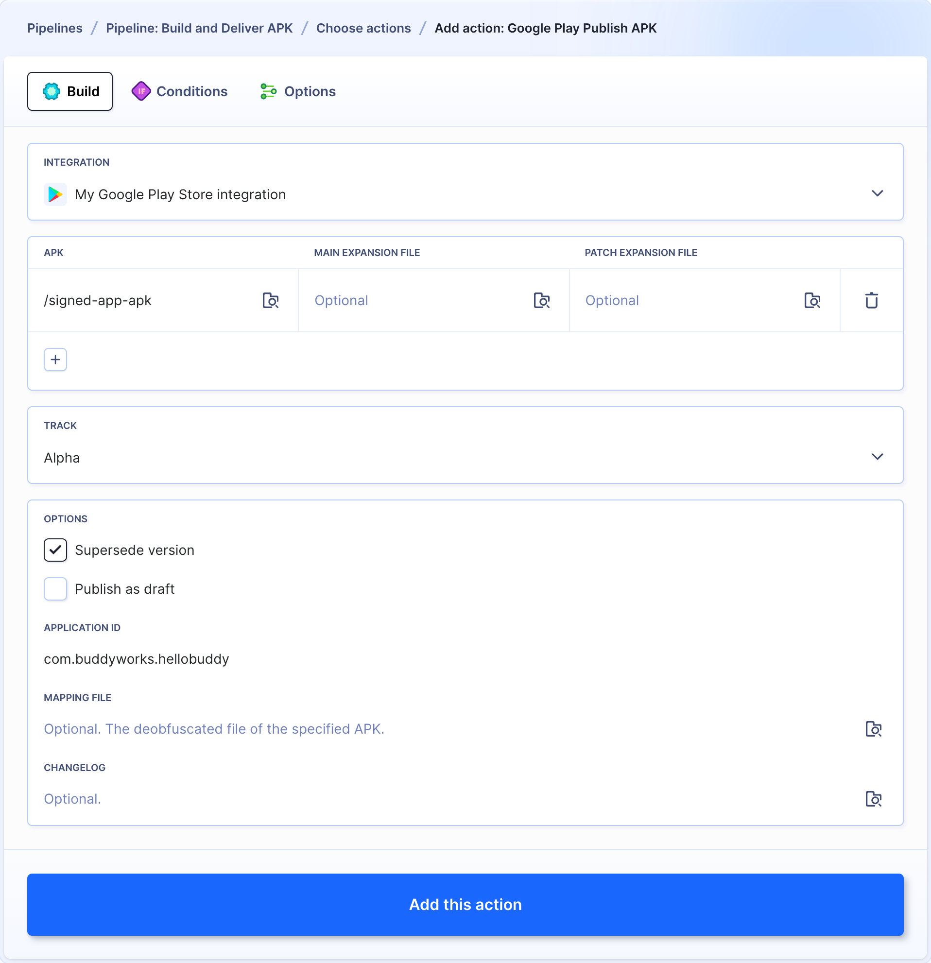 Google Play Publish APK action configuration