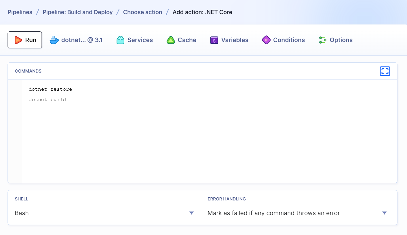 .NET Core action build commands console