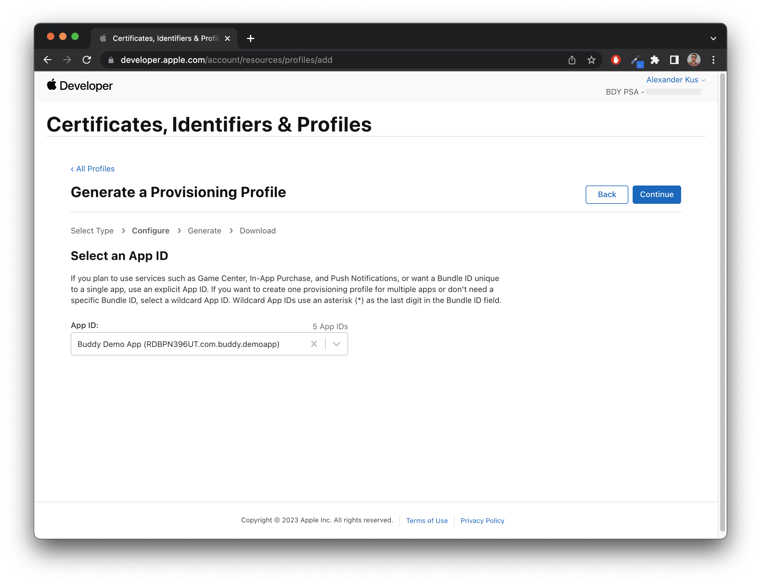 Provisioning profile configuration view