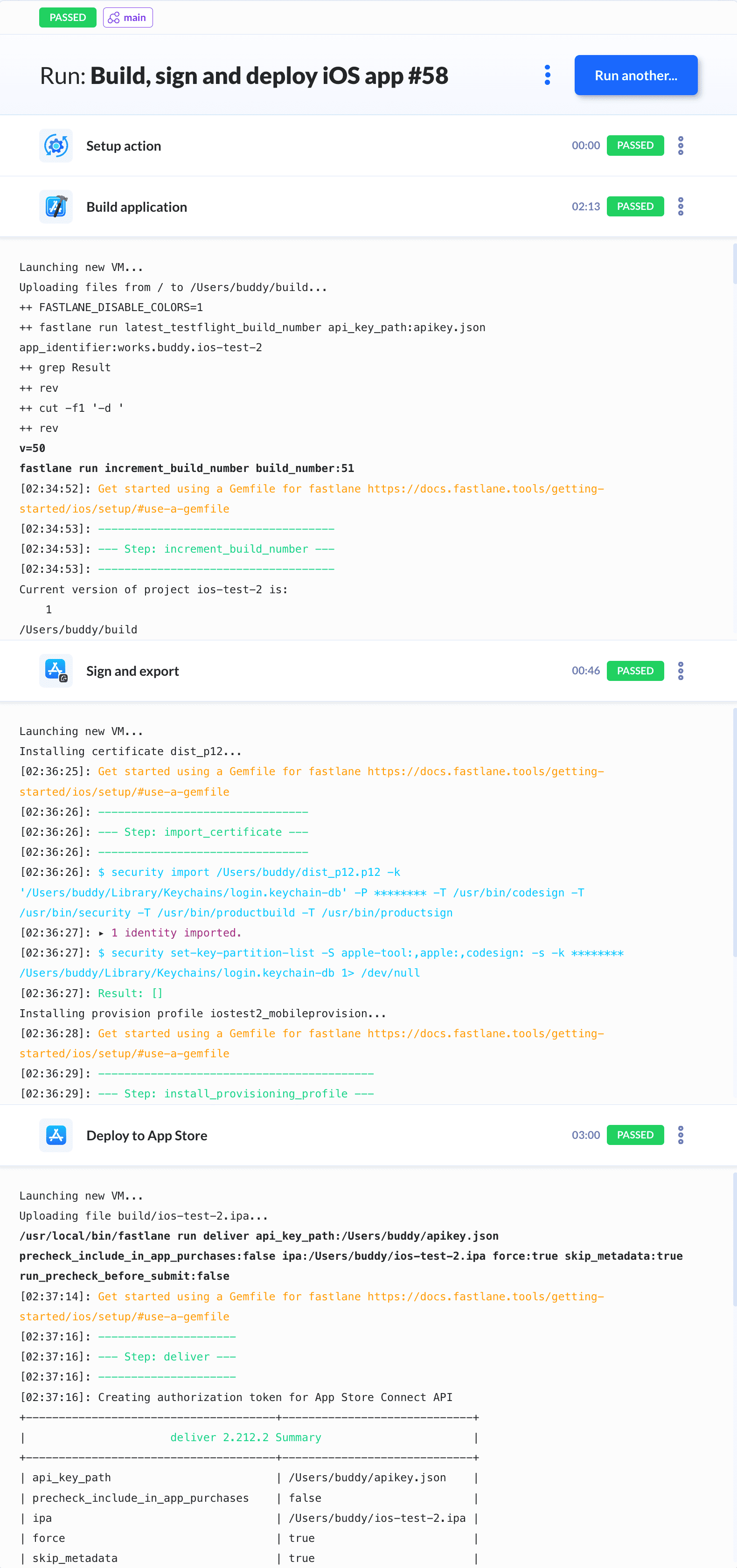 Example pipeline run details with expanded logs