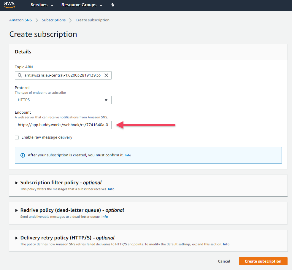 Amazon SNS subscription creation