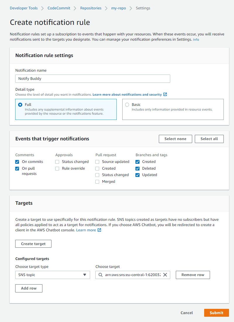 AWS notification rule configuration
