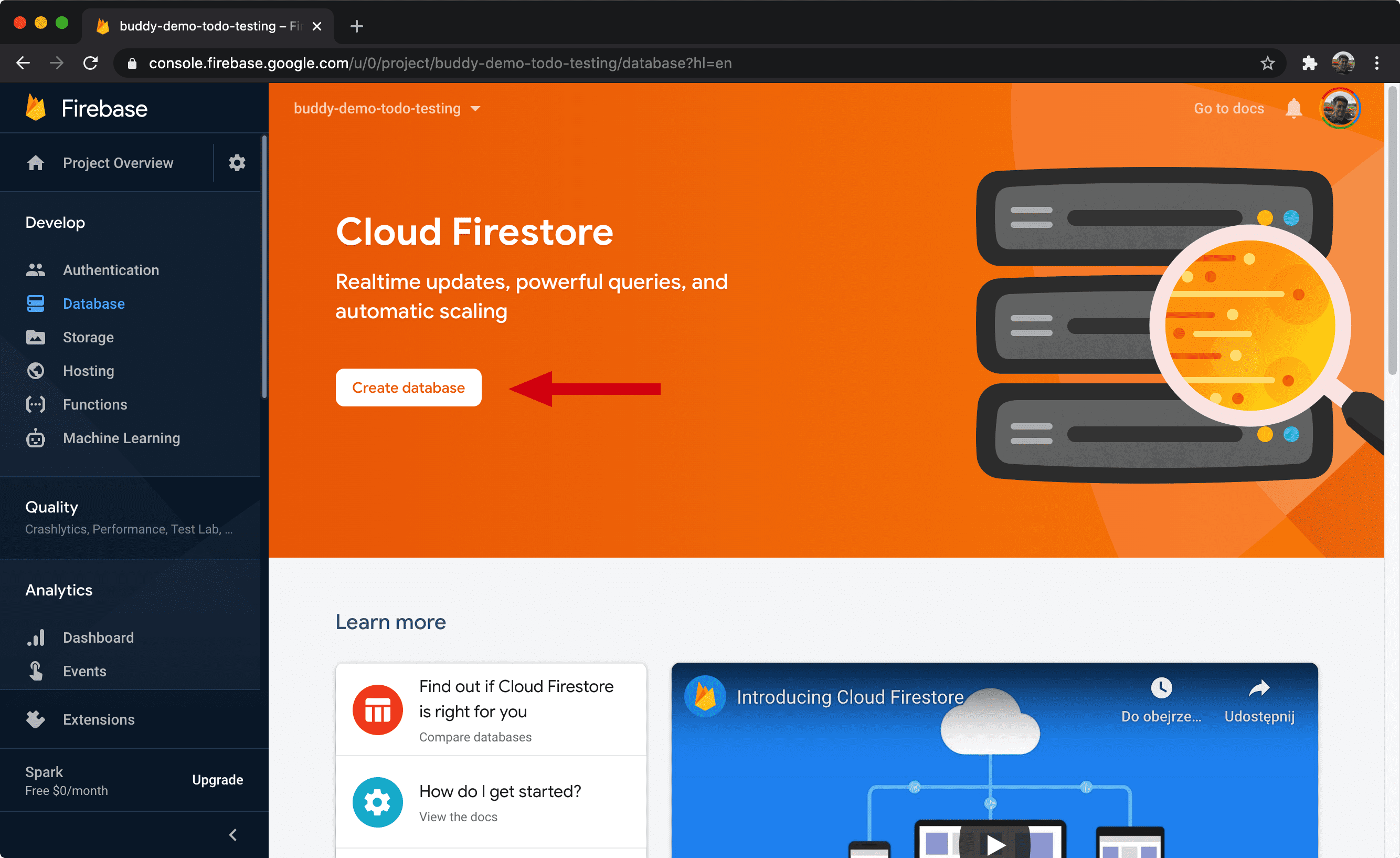 Creating new Cloud Firestore database