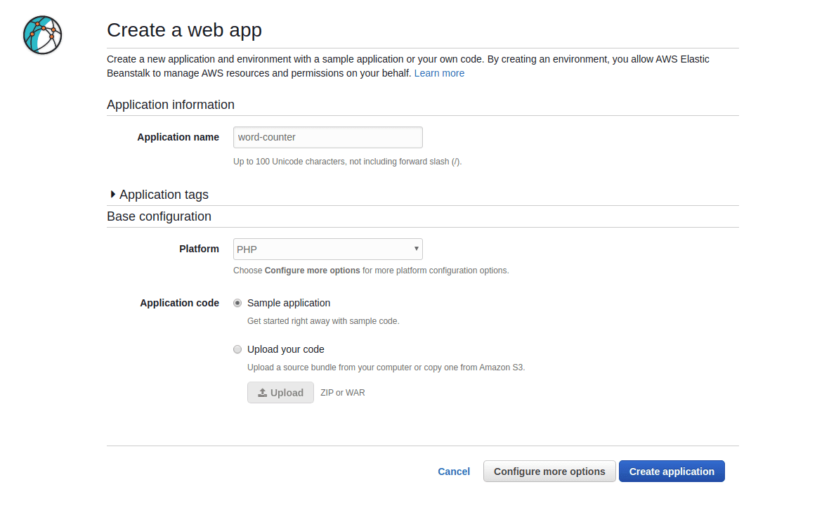 Creating a new EBS app in the the AWS console