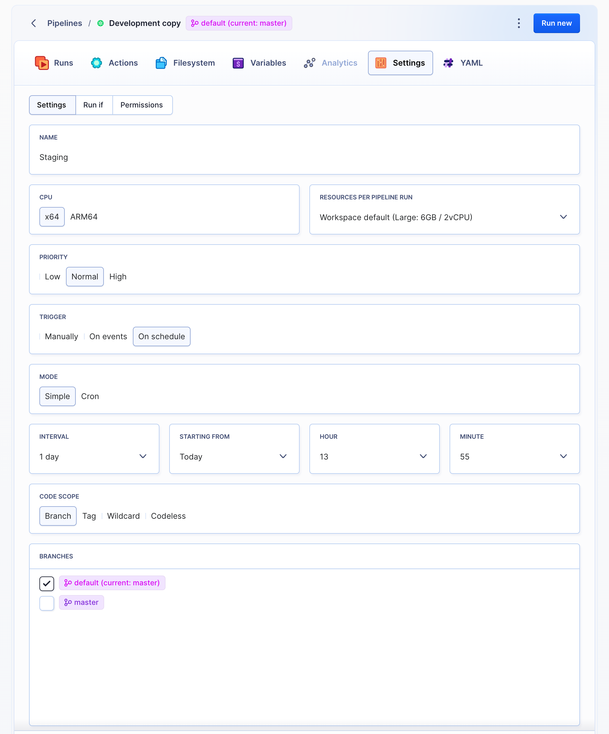 Pipeline settings